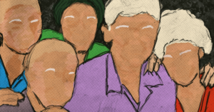A group of five people with faceless features, representing individuals with albinism in Nigeria.