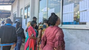 Voters check their names on a list posted outside the OIC polling station during the 2025 Presidential election.