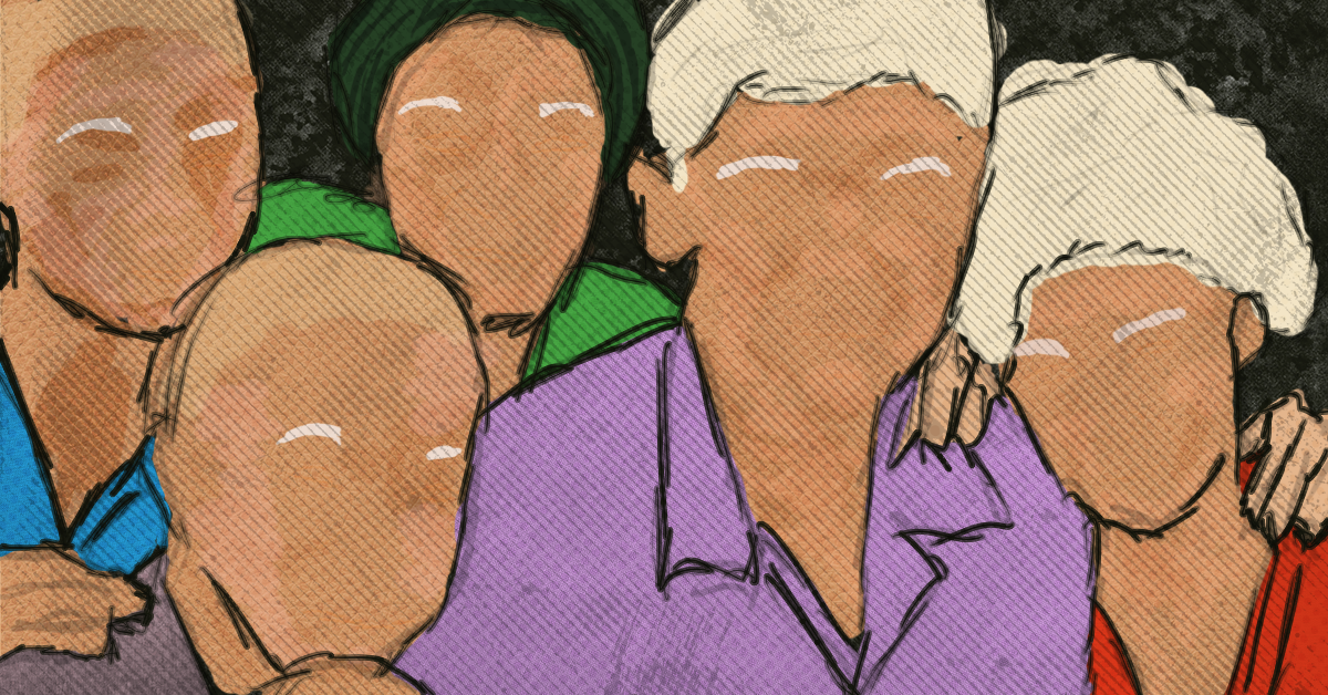 A group of five people with faceless features, representing individuals with albinism in Nigeria.