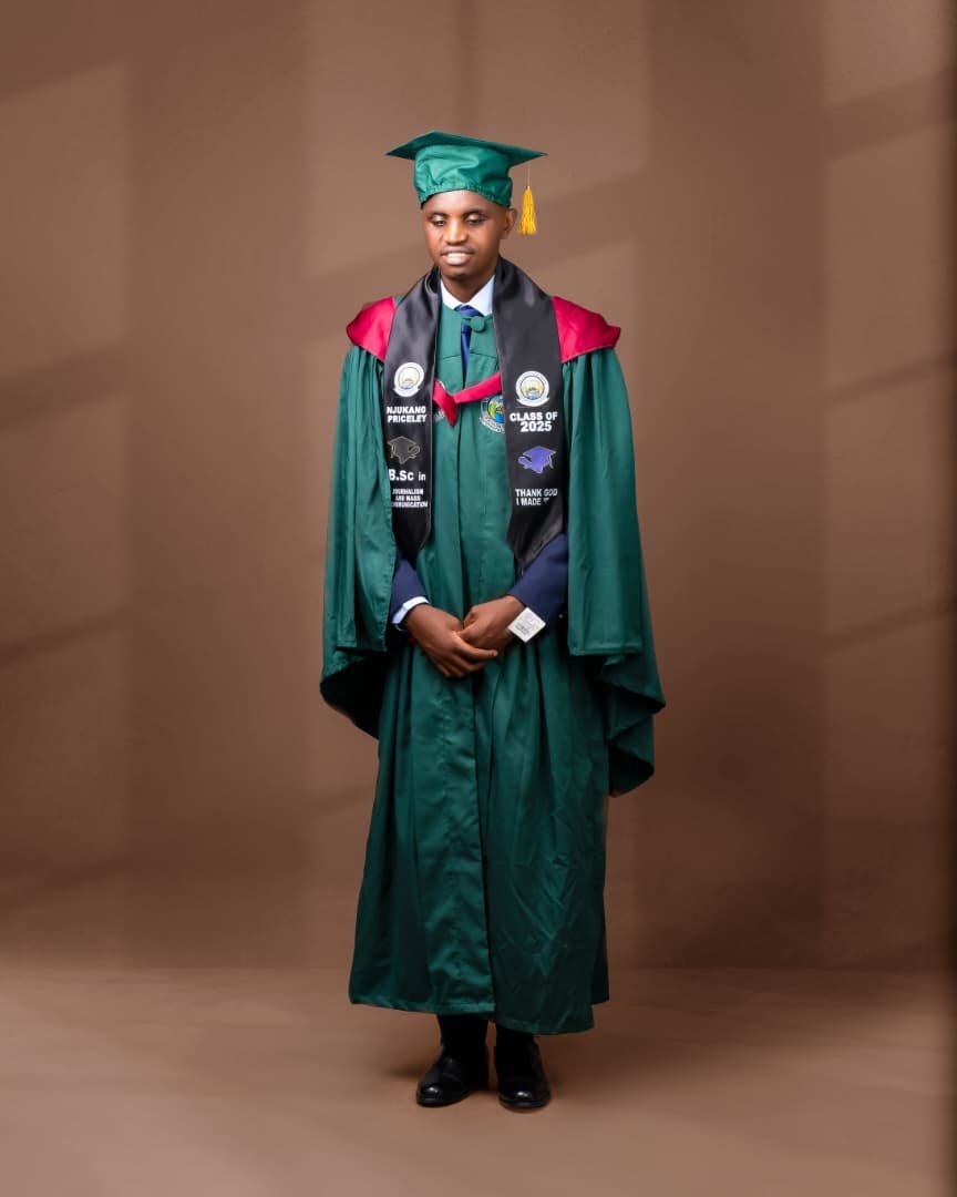 "Njukang Princeley, best graduating student of the Department of Journalism and Mass Communication (UB), poses in a forest green academic gown and mortarboard for the Class of 2025. He wears a black stole embroidered with his name, department, and 'Class of 2025'."
