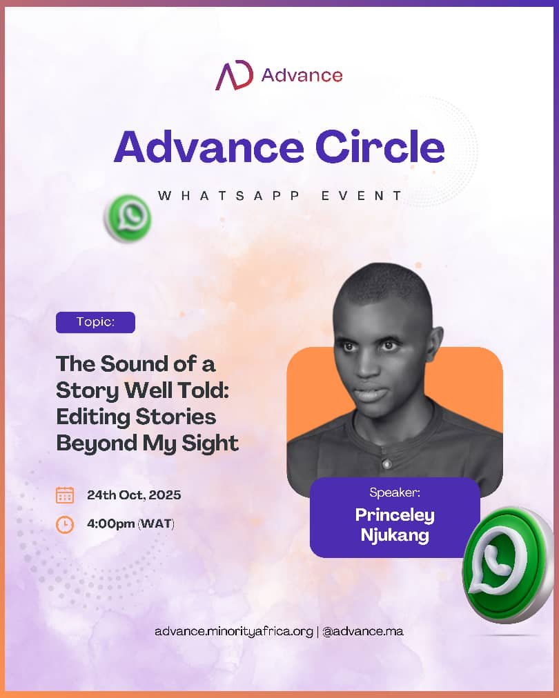 Advance Circle WhatsApp event flyer featuring Princeley Njukang discussing story editing on October 24, 2025, at 4:00 PM WAT.